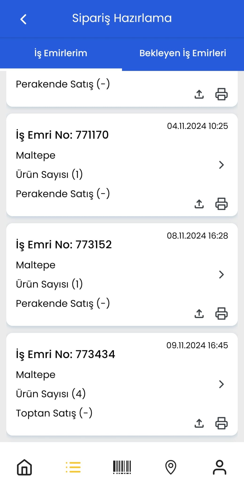 Polypus mobil uygulamada iş emirleri listesi