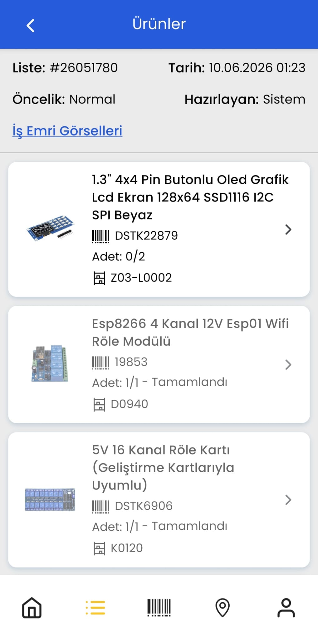 Polypus WMS mobil uygulamada iş emri detay ekranı