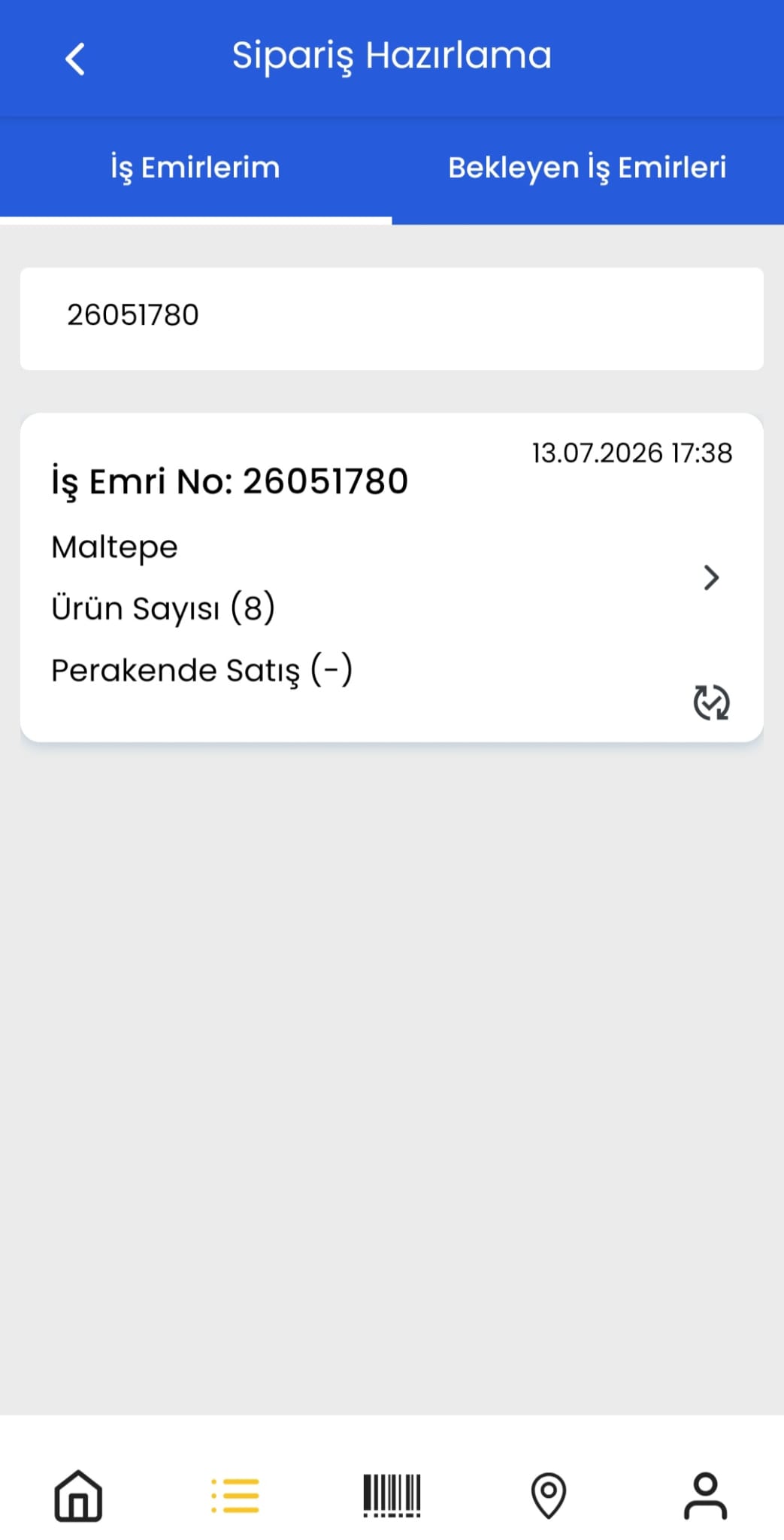 Polypus WMS mobil uygulamada sipariş hazırlama ekranı